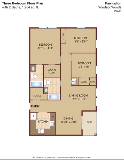 Floor plan for 3 beds, 2 baths, 1196 sqft